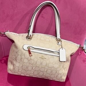 Coach Cream Signature Canvas Satchel with White Trim